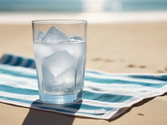 Glass of ice water on a striped beach towel in bright sunlight