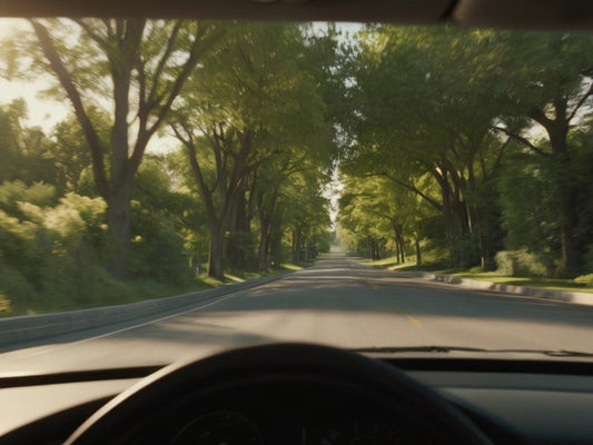 A quiet suburban street lined with trees in warm afternoon light, viewed through a car windshield