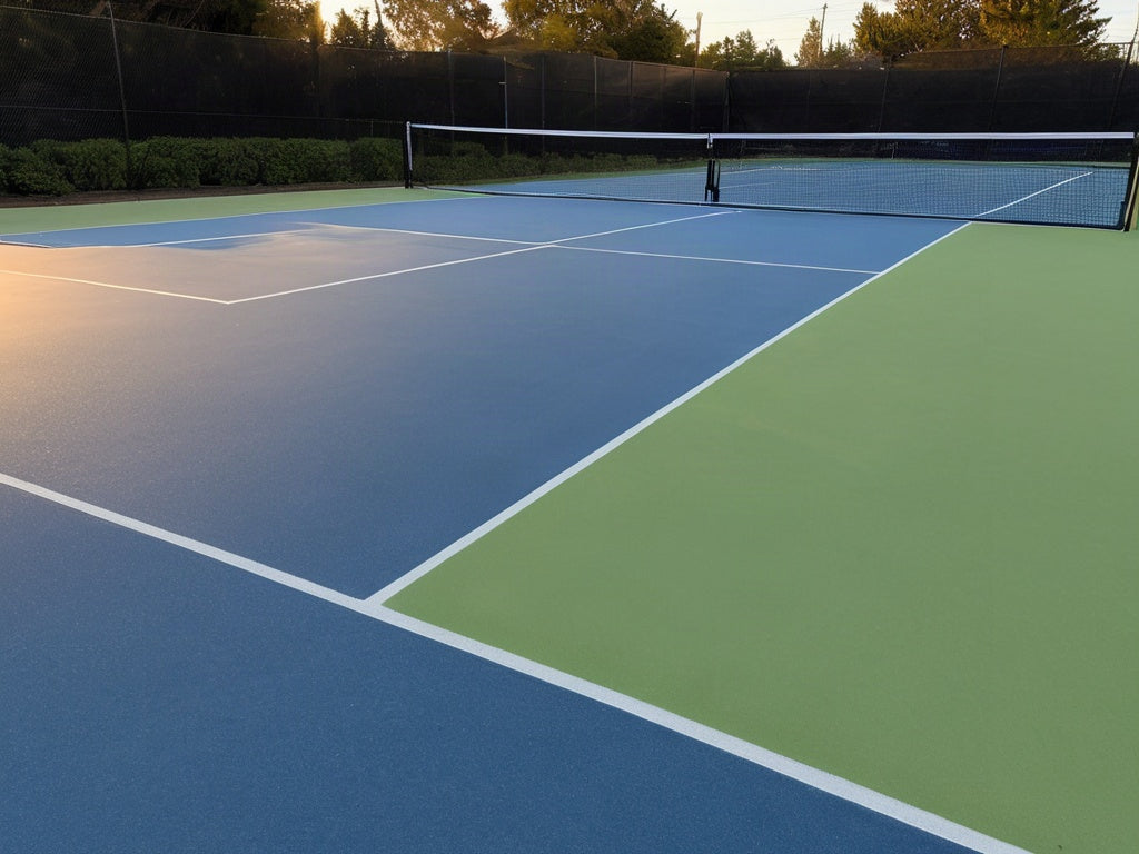 An empty outdoor pickleball court at golden hour with a low net and painted court lines, no text or logos visible