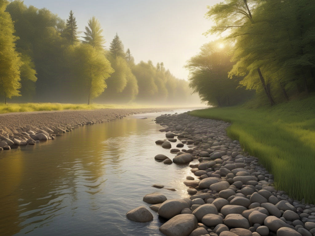 A calm river bend flowing through green forested banks under soft golden morning light