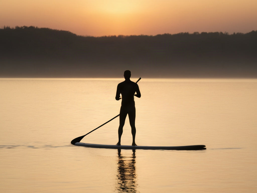 Silhouette of a person stand-up paddleboarding at sunrise