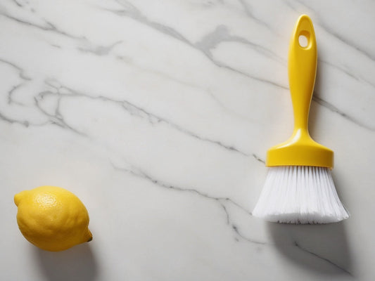 Cleaning brush, baking soda, and lemon flat-lay on a marble counter