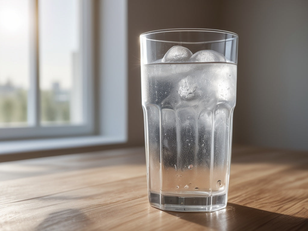 Tall glass of ice water with condensation on a wooden table in a bright airy room