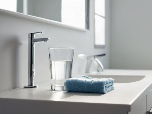 A tall glass of water on a clean white bathroom counter beside a folded towel in soft morning light
