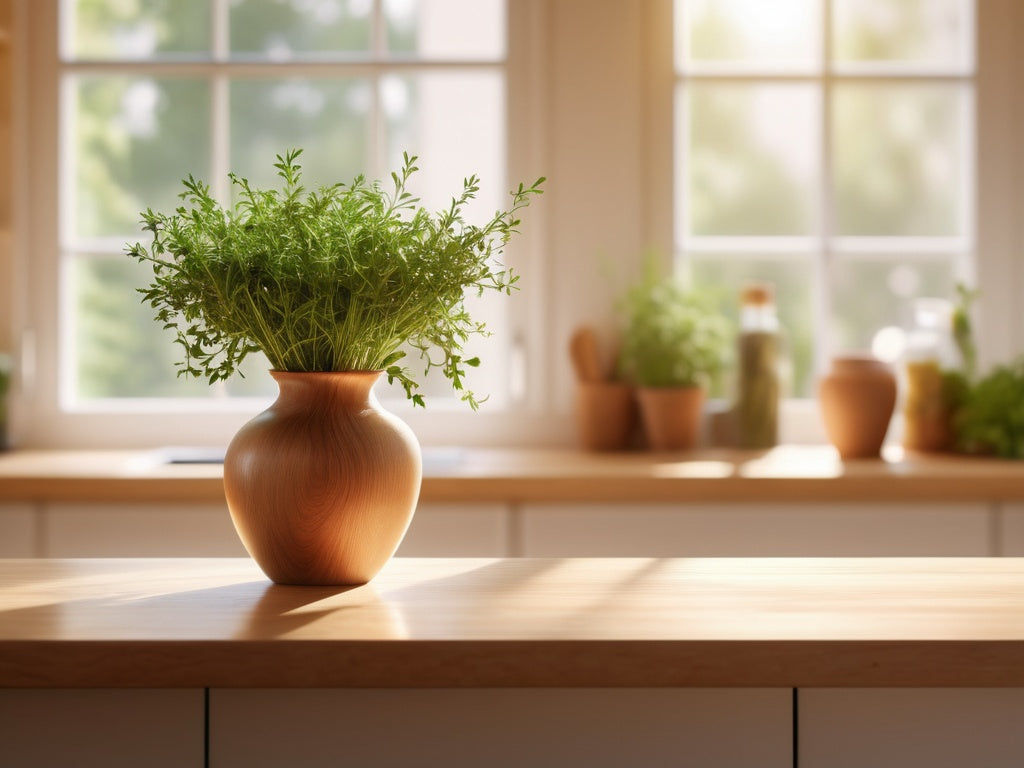 A sunlit wooden kitchen counter by a bright window in the morning