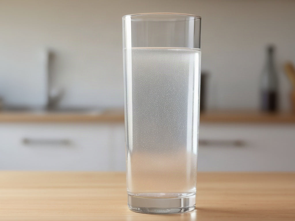 A tall clear glass of water with fine rising bubbles on a wooden counter in soft daylight