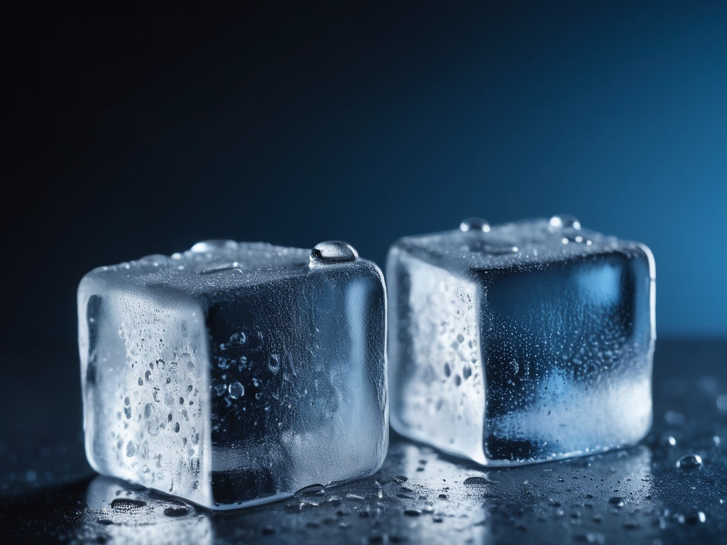 Close-up of clear ice cubes with condensation on a dark surface