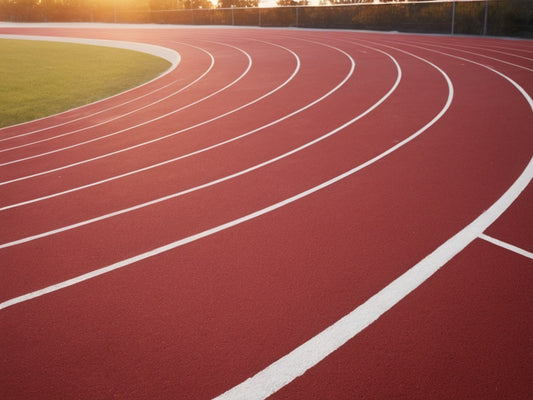An empty outdoor running track at sunrise with long shadows, no people, text, or logos visible