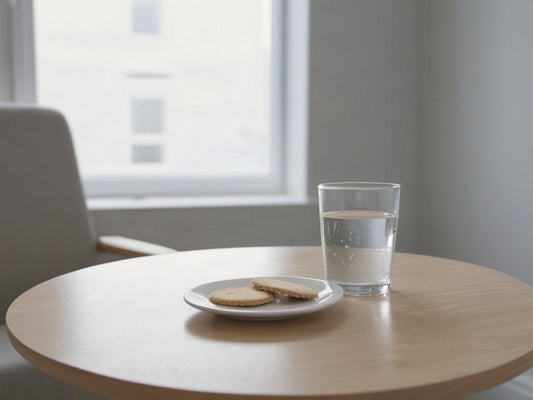 Glass of water and plain crackers on a side table in a bright clinic waiting room
