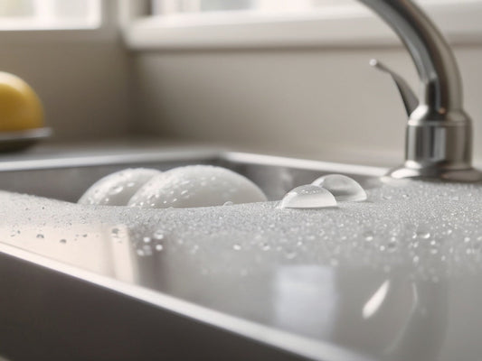 Soap suds and water droplets in a stainless steel kitchen sink