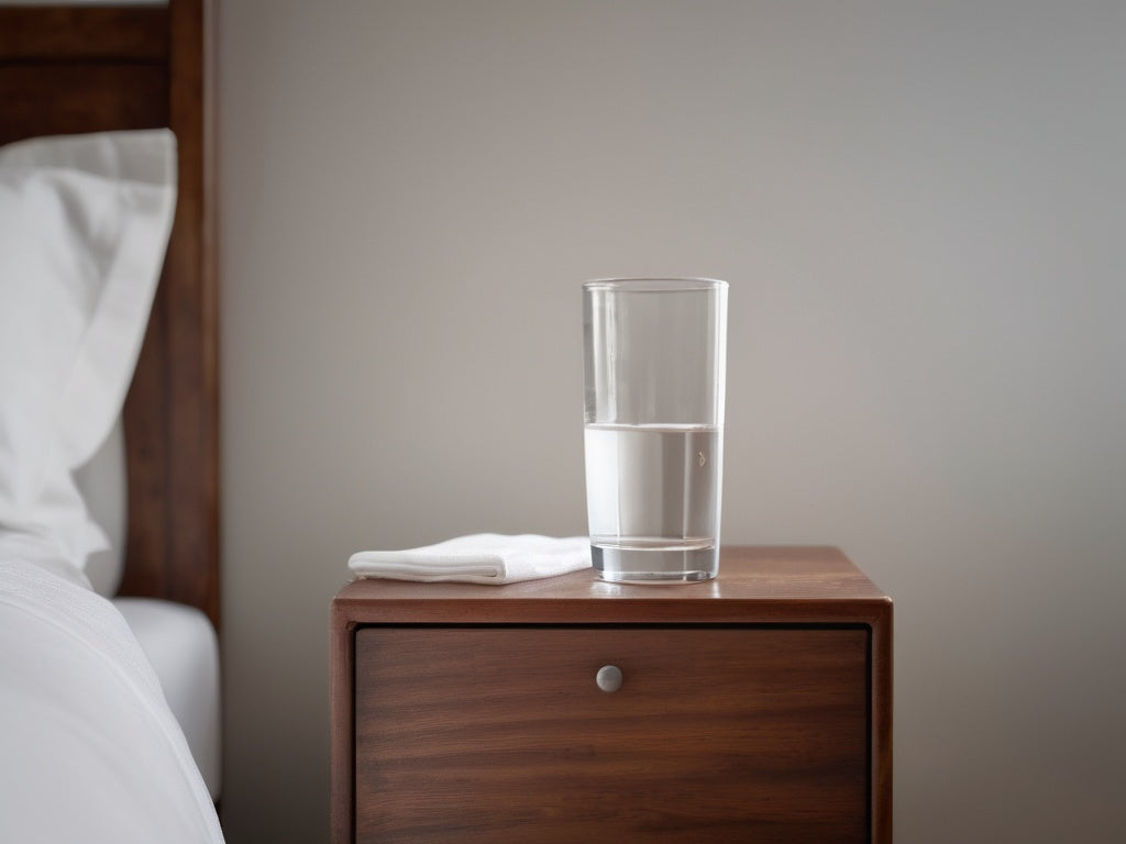 Glass of water on a wooden nightstand in soft morning light