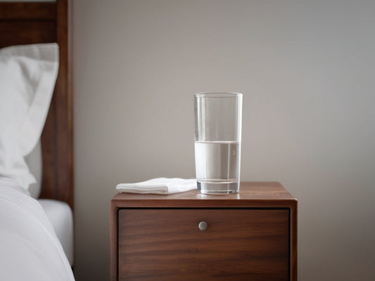 Glass of water on a wooden nightstand in soft morning light