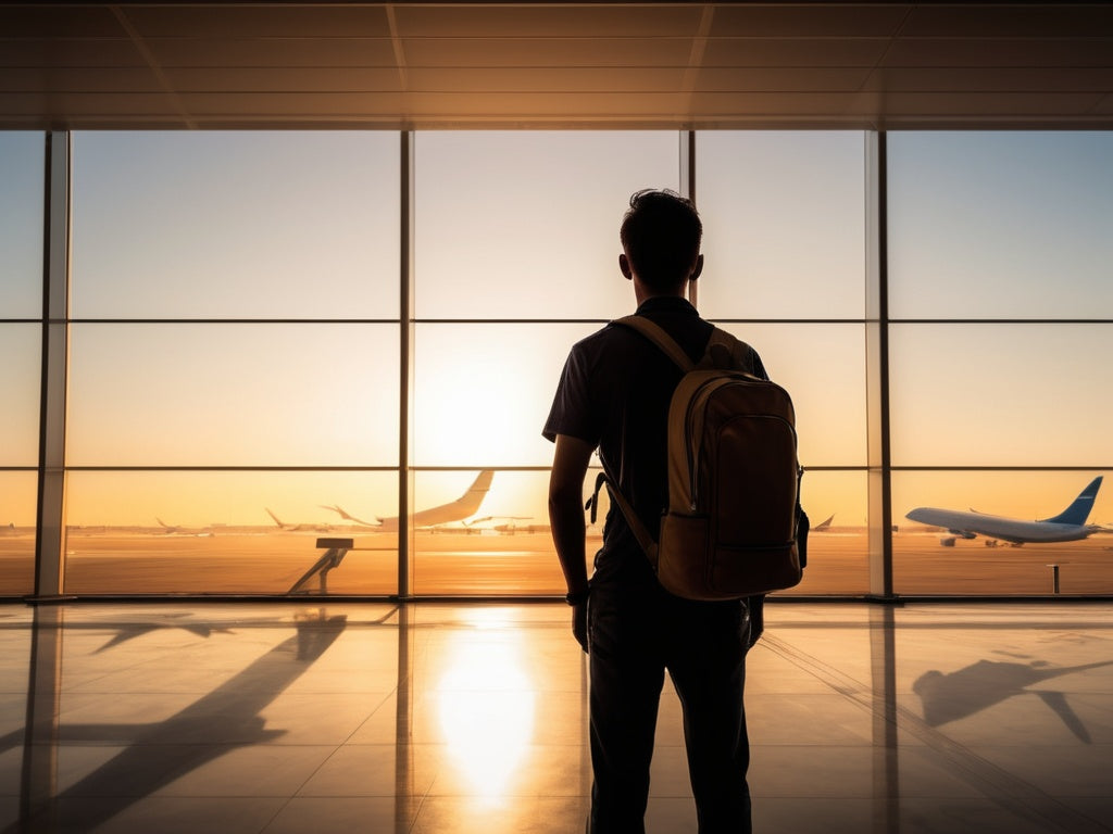 Traveler silhouette at an airport terminal window watching distant planes at sunrise