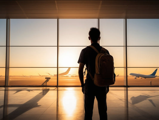 Traveler silhouette at an airport terminal window watching distant planes at sunrise