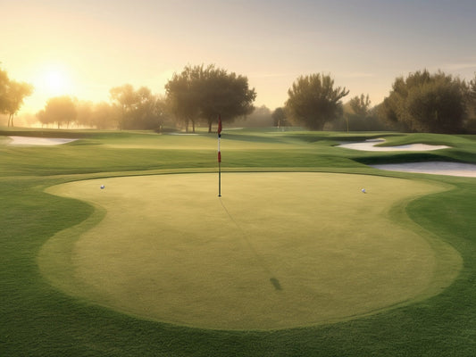 Golf putting green at sunrise with a flagstick and dewy grass