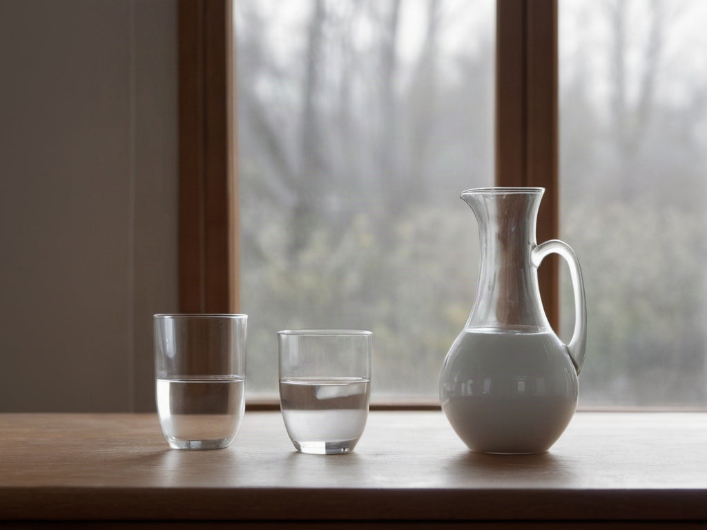 A white ceramic pitcher and two glasses of water on a wooden table beside a window in soft morning light