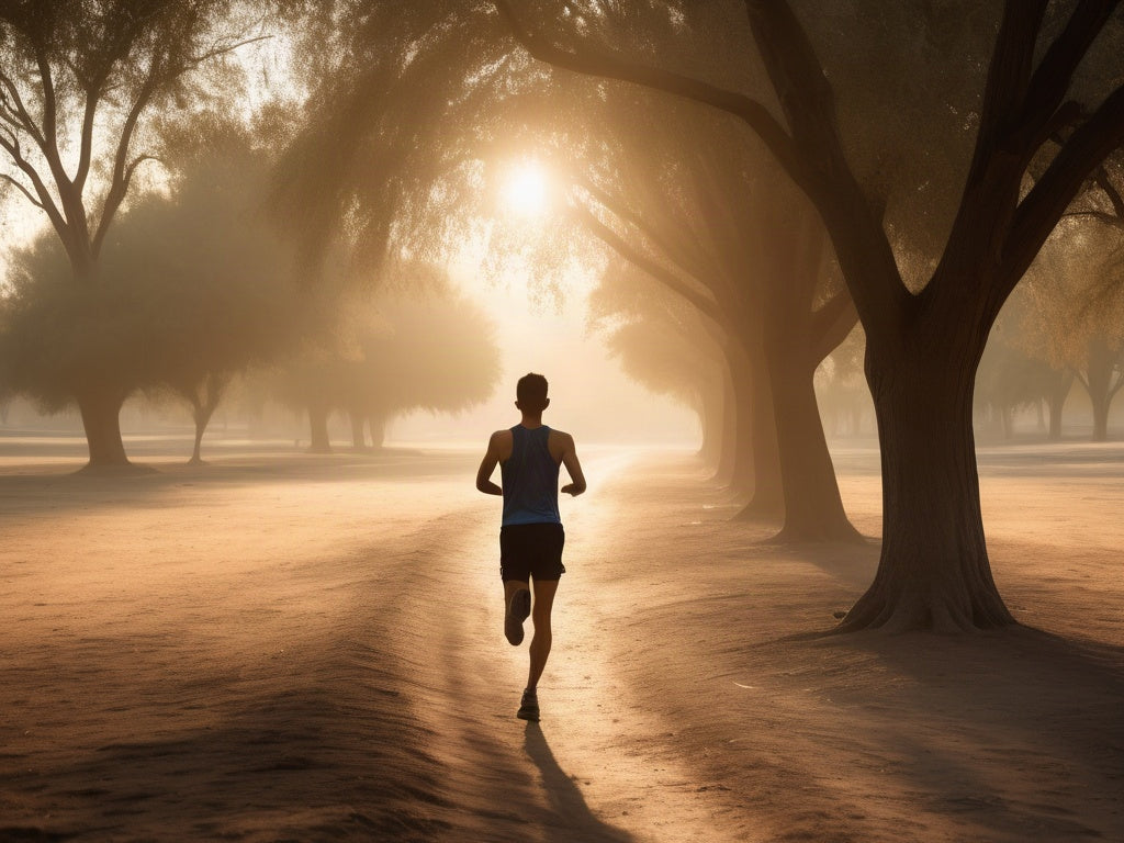 A lone runner silhouetted from behind on a foggy tree-lined trail at golden hour, cross country running course
