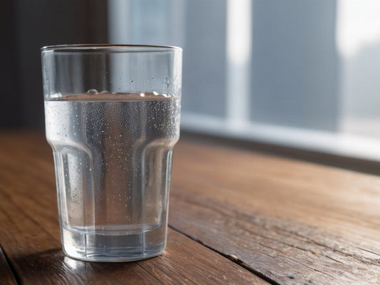 Glass of water with condensation on a wooden table