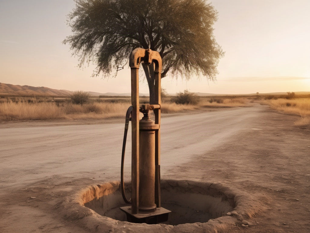Weathered rural hand-pump well beside a dirt path at golden hour