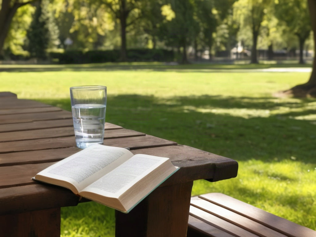 wooden park bench with a paperback book and glass of water in dappled sunlight