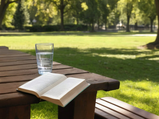 wooden park bench with a paperback book and glass of water in dappled sunlight