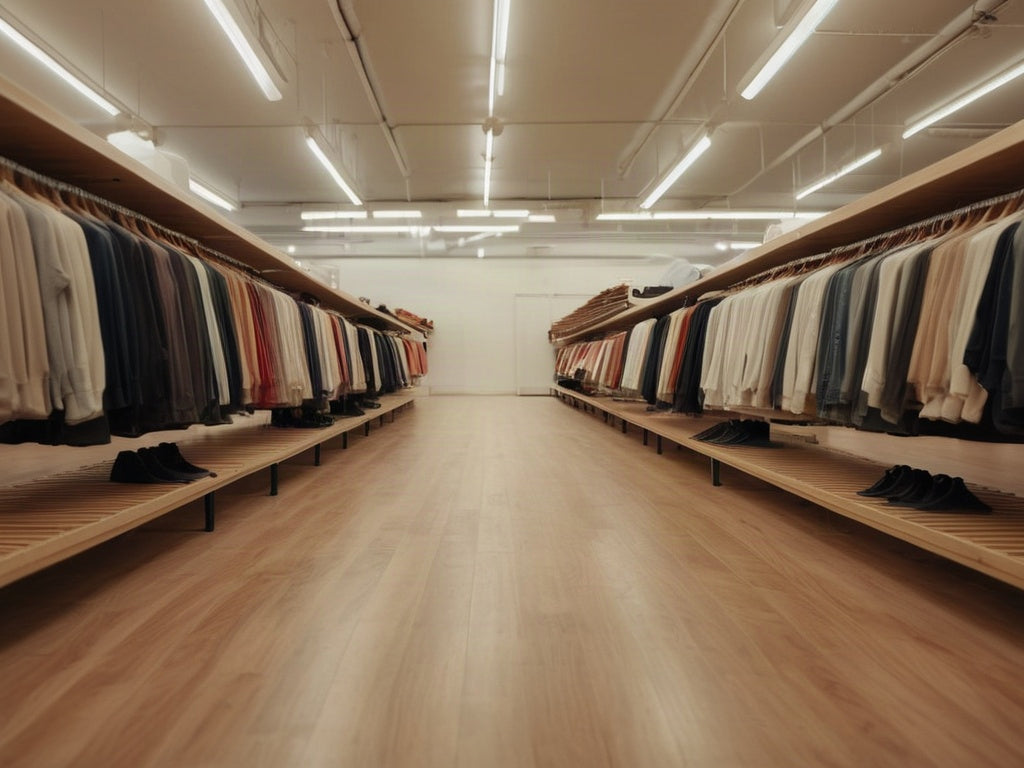 Empty clothing store aisle with polished floor and racks of garments before opening