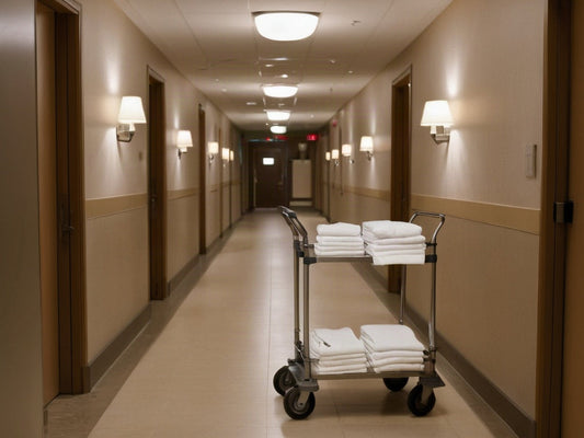 Hotel hallway with a housekeeping cart and folded towels