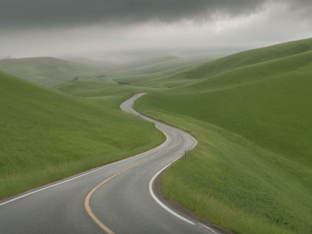 A calm two-lane country road curving through gentle green hills under a soft overcast sky, no cars or signs