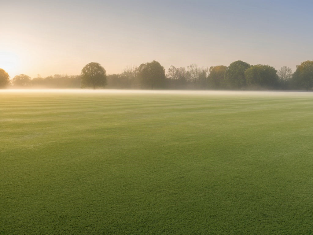 Empty grass sports field at sunrise with morning dew and mist along the tree line