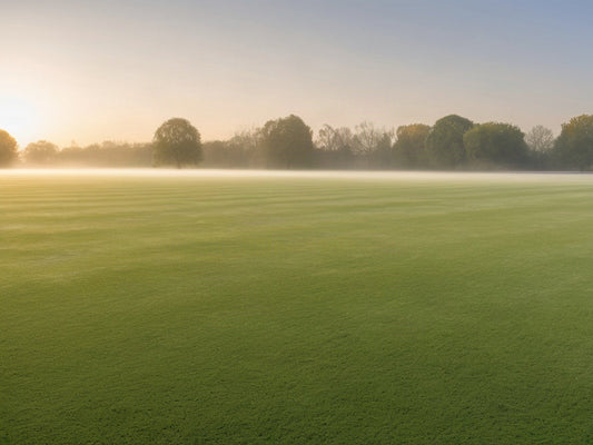 Empty grass sports field at sunrise with morning dew and mist along the tree line