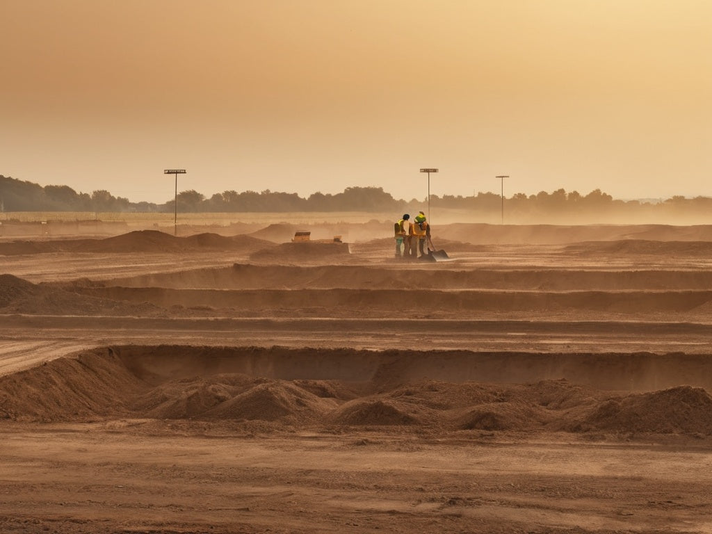 Construction site at sunrise with distant workers in heat haze
