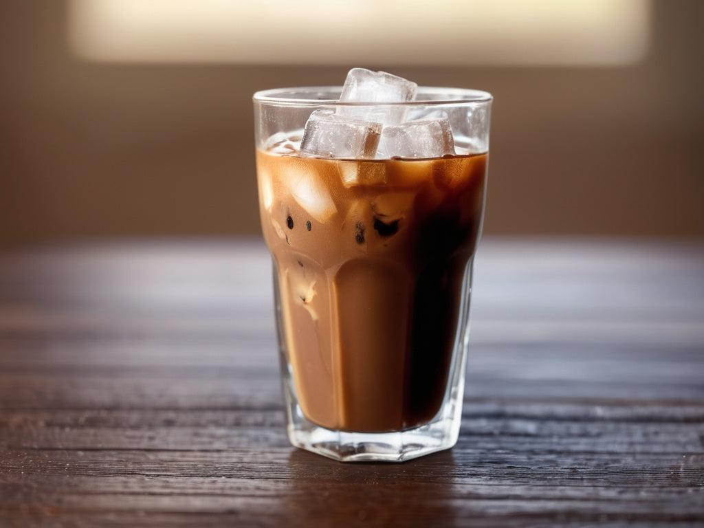 A clear glass of iced coffee with ice cubes and condensation on a wooden table in morning light
