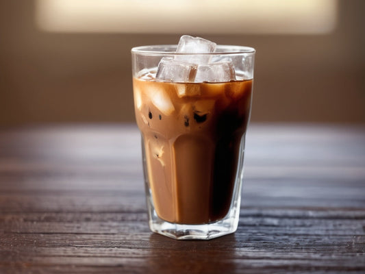 A clear glass of iced coffee with ice cubes and condensation on a wooden table in morning light