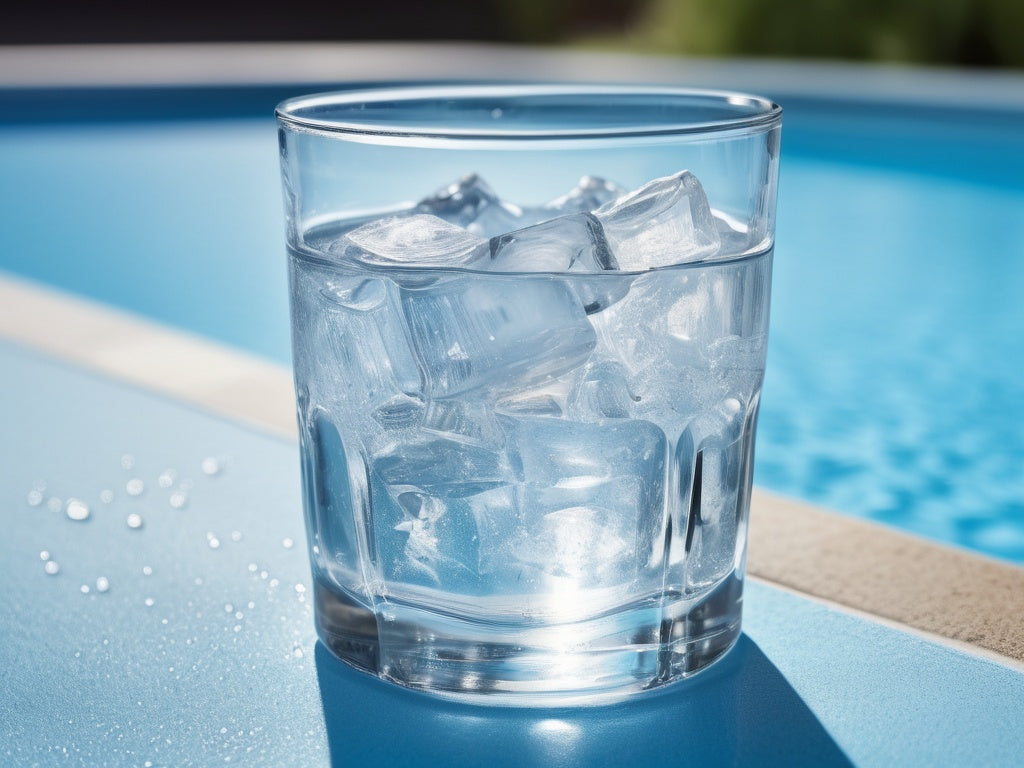 A glass of ice water at the edge of a sunny blue swimming pool