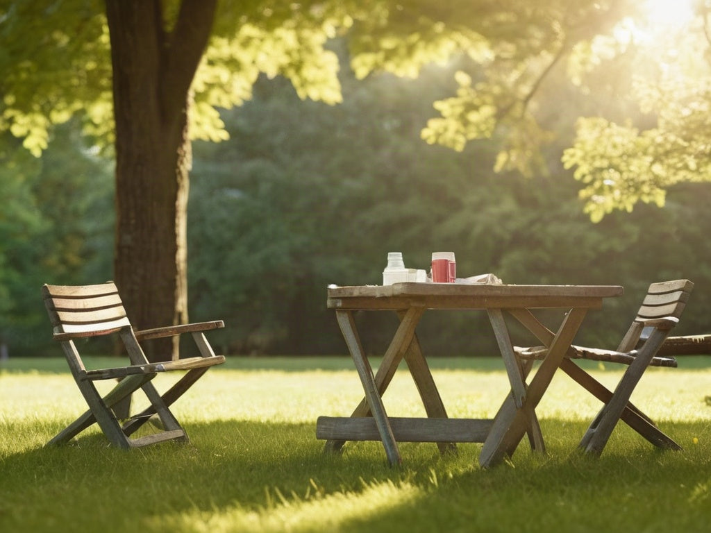 A weathered wooden picnic table on a sunlit green lawn with folding chairs and trees in the background