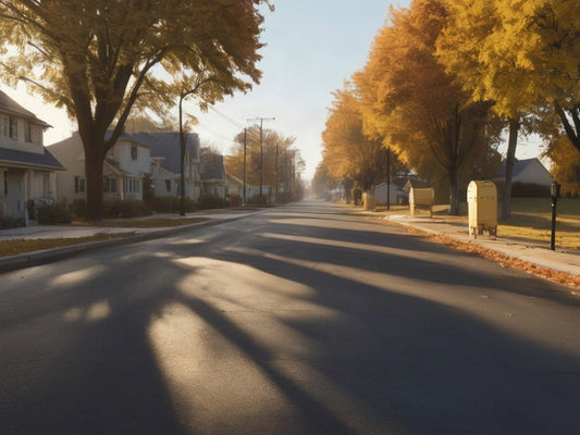 Empty two-lane residential street at early morning in autumn with long tree shadows