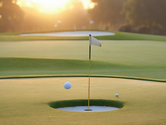 A golf putting green at sunrise with a flagstick in the distance