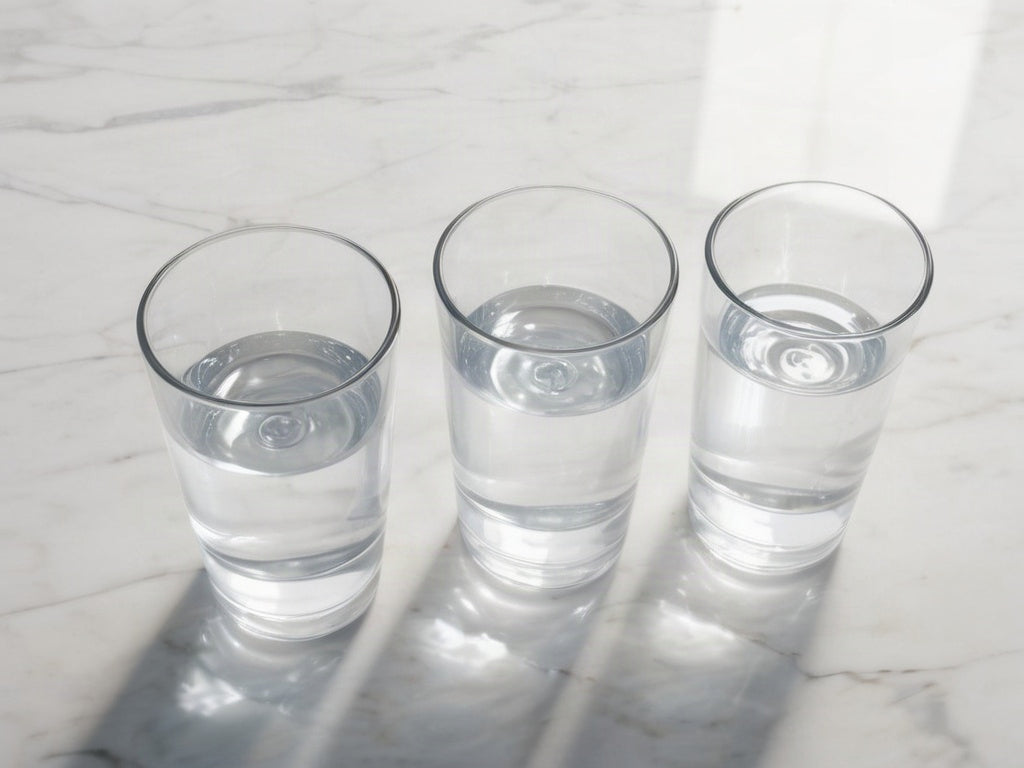 Three clear glasses of water on a clean white countertop each filled from a different faucet, soft window light casting gentle shadows, no text or logos