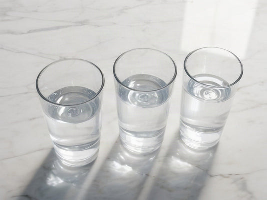 Three clear glasses of water on a clean white countertop each filled from a different faucet, soft window light casting gentle shadows, no text or logos
