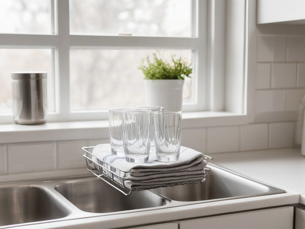 Clean drinking glasses upside down on a wire drying rack beside a kitchen sink in bright daylight
