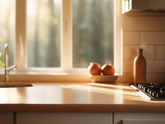 Warm morning sunlight through a kitchen window onto an empty wooden counter