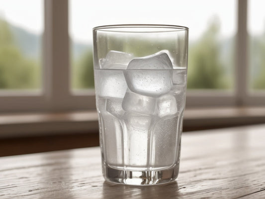 A tall glass of ice water with condensation on a wooden table in bright daylight