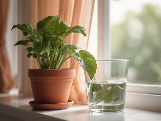 A glass of water on a windowsill in soft morning light beside a leafy green plant