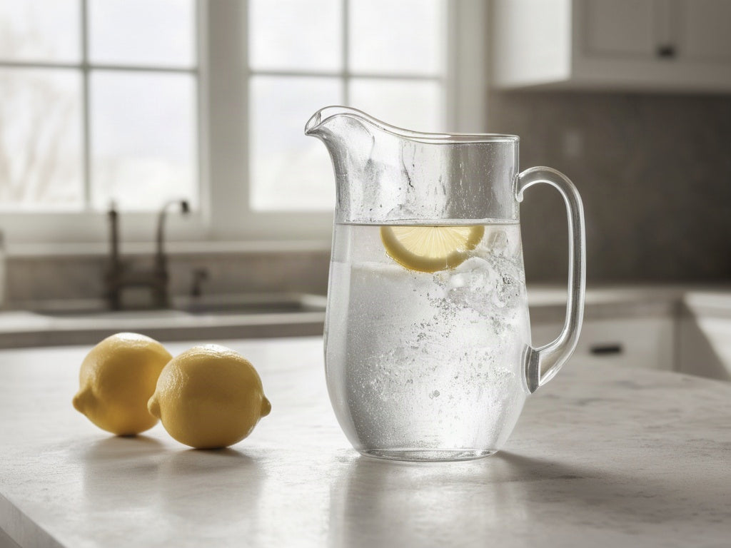 A clear glass water pitcher on a kitchen countertop beside a glass of ice water and a lemon half