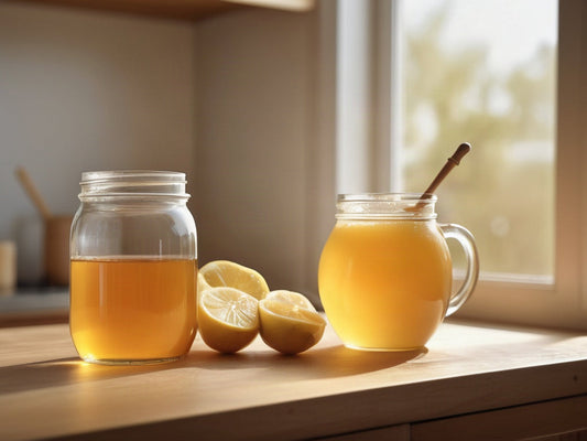 A jar of honey, halved lemons and a glass mug of warm honey water on a wooden kitchen counter by a window