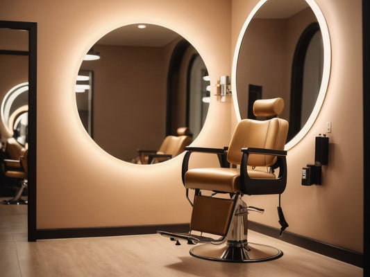 Empty hair salon styling chair facing a round mirror