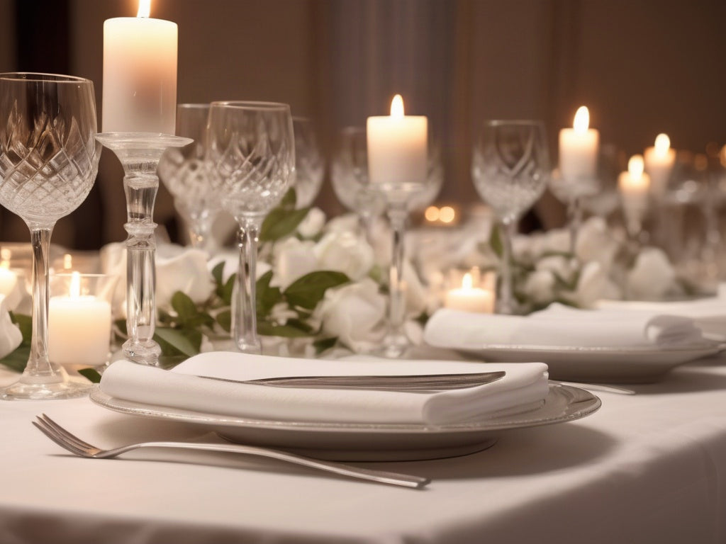 Elegant empty banquet hall table setting