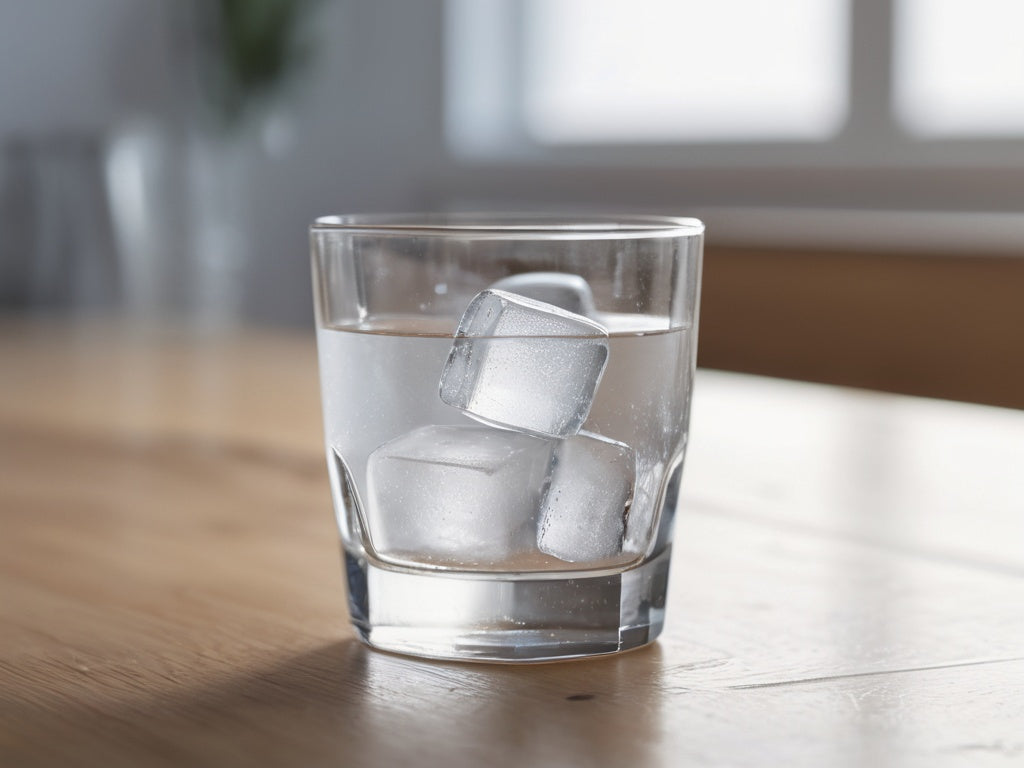 Clear glass of ice water on a wooden table
