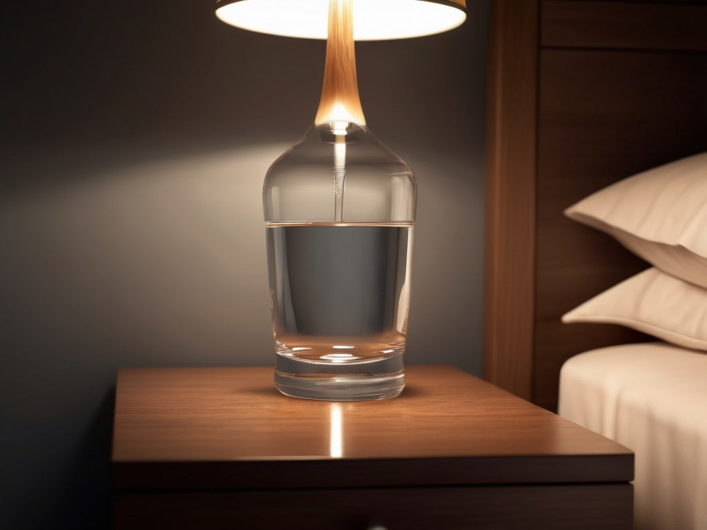 A single clear glass of water on a wooden nightstand beside a softly glowing bedside lamp at night