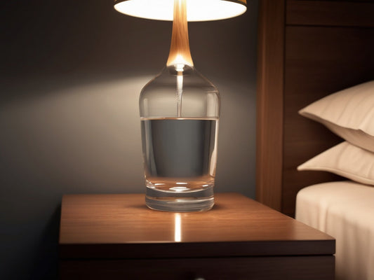 A single clear glass of water on a wooden nightstand beside a softly glowing bedside lamp at night